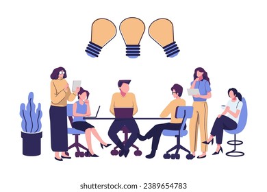 compartir ideas de negocio, colaboración, reunión y brainstroming, encontrar una solución creativa para la ilustración de vector plano de tareas