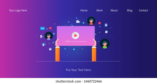 Sharing viral video, Social media video content, Digital video ads- flat design vector illustration with icons and texts