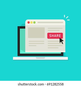 Sharing Website Page Via Share Button On Browser Window In Laptop Computer Screen Vector Illustration Flat Cartoon Style, Concept Of Social Media Advertising, Online Marketing Internet Technology