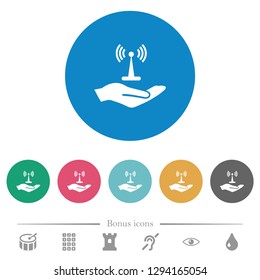 Sharing wireless network flat white icons on round color backgrounds. 6 bonus icons included.