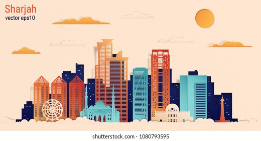 Sharjah city colorful paper cut style, vector stock illustration. Cityscape with all famous buildings. Skyline Sharjah city composition for design 