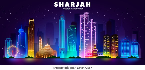 Sharjah night skyline (United arab emirates). Vector illustration. Business travel and tourism concept with modern buildings. Image for banner or web site.