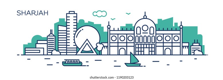 Sharjah panorama city. Flat line style. For banner, presentation, cards, web page. Vector illustration