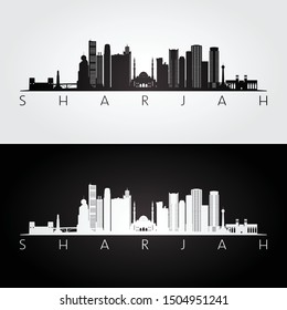 Sharjah skyline and landmarks silhouette, black and white design, vector illustration.