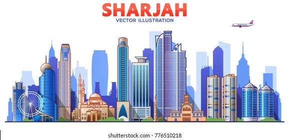 Sharjah skyline with panorama in sky background. Vector Illustration.