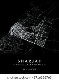 Sharjah vector print map in dark theme. Detailed map of city in United Arab Emirates. Tourist decorative minimalist street map.