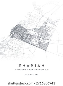 Sharjah vector print map. Detailed map of city in United Arab Emirates. Tourist decorative minimalist street map.