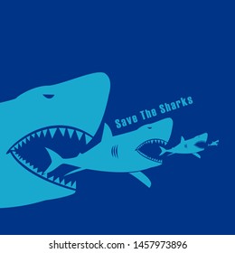 Shark abstract poster with slogan save the sharks on blue background cartoon vector illustrator