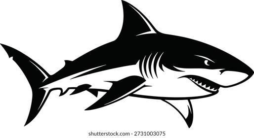 Shark aggressive predator fish detailed black silhouette illustration