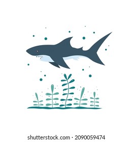 Shark and algae. Marine animal life. Under the water. Cartoon vector illustration.