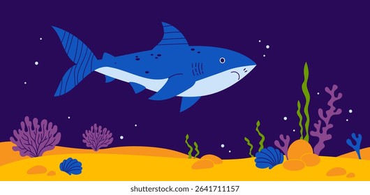 Shark with algae and sandy seabed on dark blue background. Horizontal underwater landscape poster in a flat style. Vector illustration 