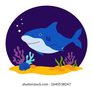 Shark with algae and seabed on dark blue background. Vector illustration. Kids collection in a flat style
