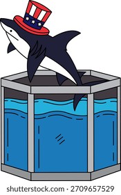 A shark in an American flag hat is in a fish tank