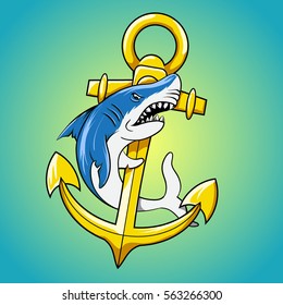 Shark and anchor cartoon vector illustration.  Symbol for marine sport t-shirt. Sailor and seaman mascot