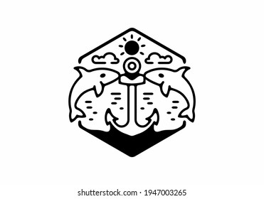 Shark and anchor line art illustration design