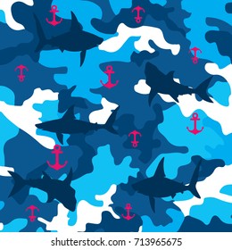 shark and anchor on terrain pattern vector illustration