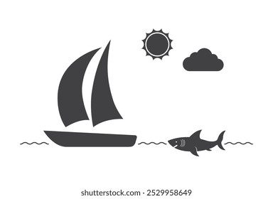 shark animal chase sailboat in sea waves icon