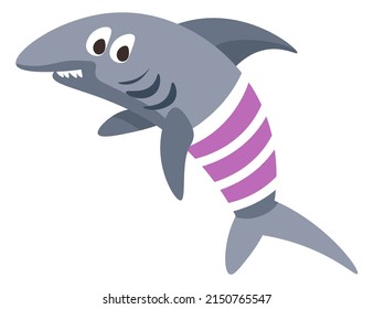 Shark animal in clothes, isolated funny childish character with face on face. Cartoon personage with fins, scuba diving and exploring fauna of oceans and seas. Ecosystem vector in flat style