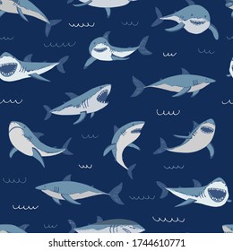 Shark animal sea vector hand drawn funny seamless pattern