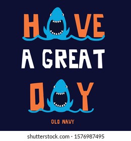 shark animal text line sea wave blue orange boy tee illustration art vector