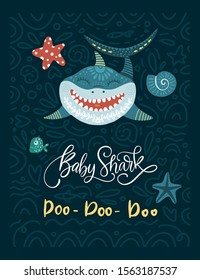 Shark animal vector family card in a flat and doodle style with funny lettering text quote - Baby shark doo doo doo. Perfect for child clothes, mug and gift prints.