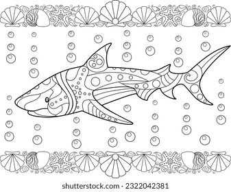 Shark antistress with shell borders - vector linear picture for coloring. Outline. Coloring book with shark fish with zentangles for coloring book.