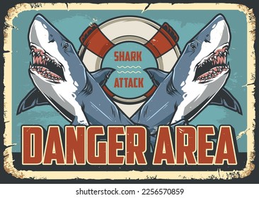 Shark area flyer vintage colorful dangerous predatory killer fish with open mouths and lifeline for sailors in distress vector illustration