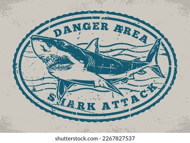 Shark area vintage monochrome emblem oval warning about danger zone for swimming due to predatory bloodthirsty fish vector illustration