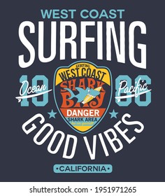 Shark area west coast surfing cute vector print for children wear with embroidery applique