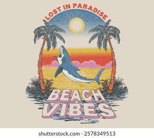 Shark artwork. Summer vibes artwork. Surf club design. Big wave artwork. Sunshine Surf club artwork. Enjoy beach life. Beach retro graphic print design.