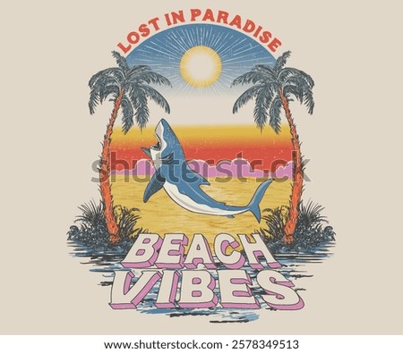 Shark artwork. Summer vibes artwork. Surf club design. Big wave artwork. Sunshine Surf club artwork. Enjoy beach life. Beach retro graphic print design.