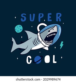 Shark astronaut in space, vector illustration.Space express.Shark astronaut character design. Vector print.Space vector illustration design for fashion fabrics, textile graphics, print.