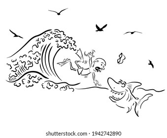 Shark attack. Caricature. The swimmer is drowning. Shark in the sea. Vector illustration