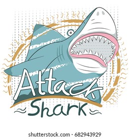 Shark attack. Carnivorous fish. Cartoon image. Predator print. Trend print for T-shirt. Sea life. Inhabitants of the seas. Print for children.