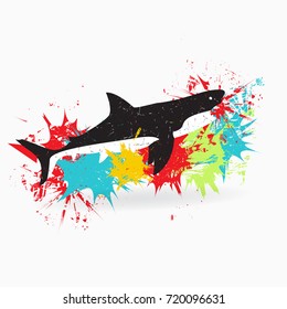 Shark attack conception. White background with color spots. Grunge vector illustration