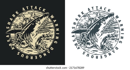 Shark attack flyer monochrome vintage style warning about attack of dangerous predatory fish on bathing tourists vector illustration