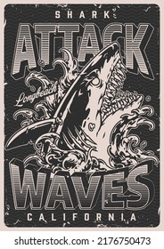 Shark attack flyer vintage monochrome predatory dangerous fish with fangs swims among waves near California long beach vector illustration