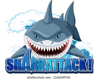 Shark attack font logo with cartoon aggressive shark illustration