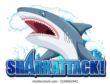 Shark attack font logo with cartoon aggressive shark illustration