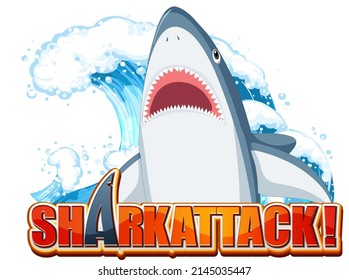 Shark attack font logo with cartoon aggressive shark illustration
