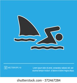 Shark attack icon on blue background. Shark fin and swimmer symbol. Vector illustration EPS 10.
