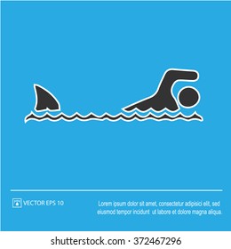 Shark attack icon on blue background. Shark fin and swimmer symbol. Vector illustration EPS 10.