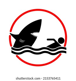 shark attack on beach safety warning round sign, beach close of shark sight symbol vector