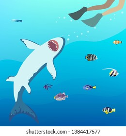 Shark attack on a diver. Underwater illustration