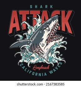 Shark attack poster vintage colorful dangerous wild fish with sharp fangs and scars in California waves vector illustration