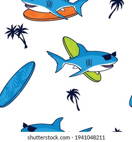 Shark attack seamless pattern.Fun t-shirt design for kids.Cute shark, surfboard drawing.