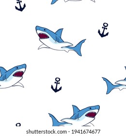 Shark attack seamless pattern.Fun t-shirt design for kids.Shark drawing.
