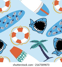 
Shark attack seamless pattern.Fun t-shirt design for kids.Cute shark, surfboard drawing and palm.