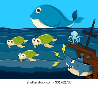 Shark attack ship under the sea illustration