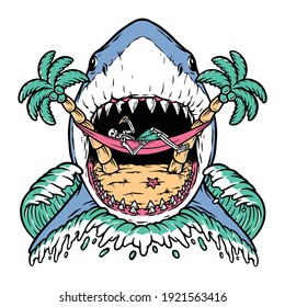 Shark attack skull on beach illustration